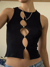 Hollow Out Cropped Summer  Sleeveless Irregular Buttons Up Black Solid Mini Vest Club Streetwear Crop Tops